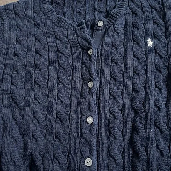 POLO RALPH LAUREN Women Cable-Knit Cotton Crewneck Cardigan Blue Large - Picture 4 of 7